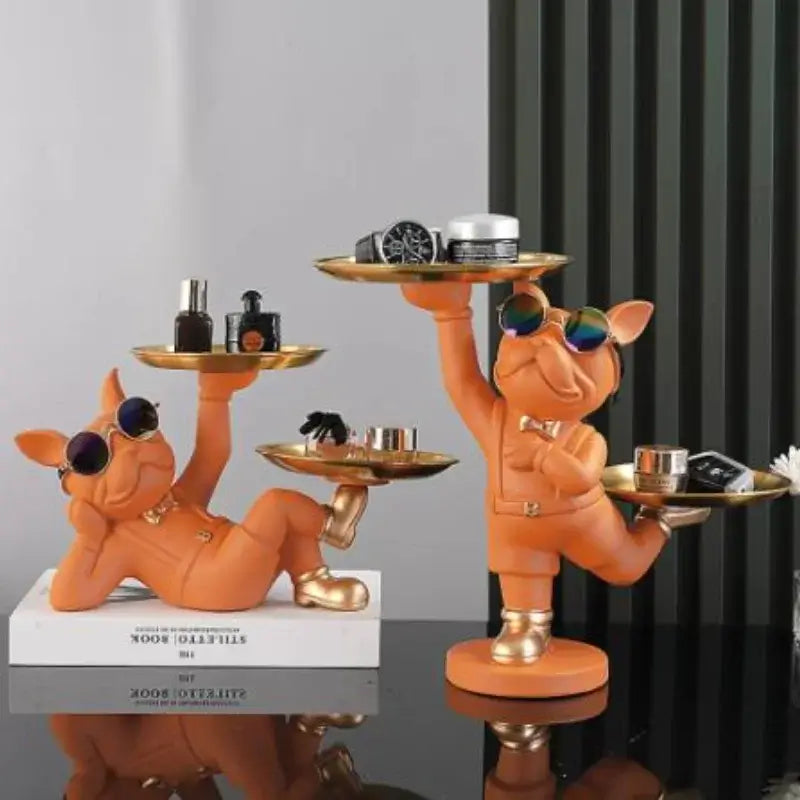 Resin Dog Statue French Bulldog Figurine Sculptures Modern Desk Decor Storage with 2 Trays Office Home Living Room Decoration