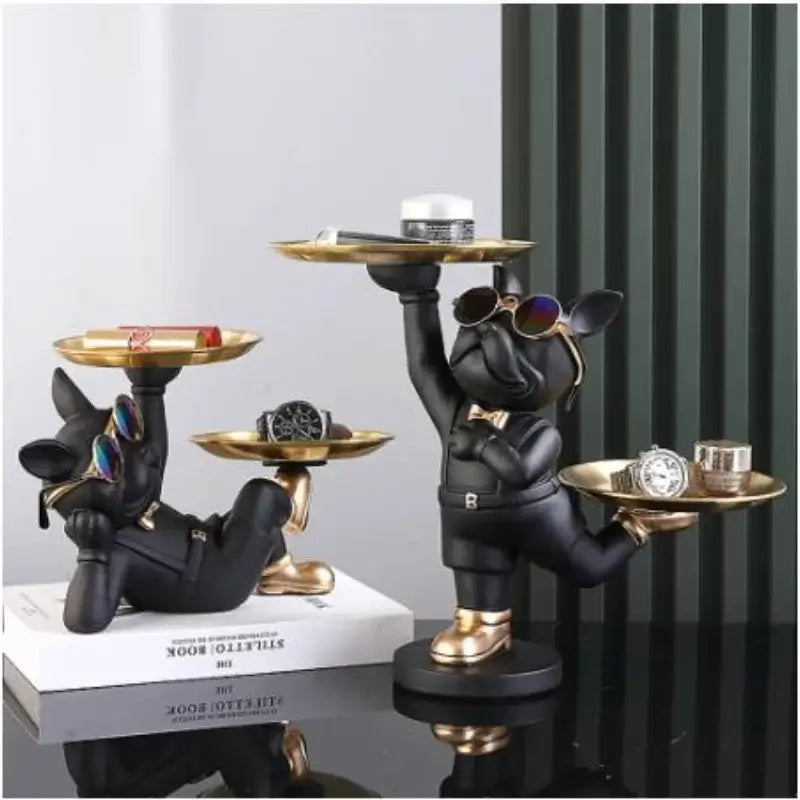 Resin Dog Statue French Bulldog Figurine Sculptures Modern Desk Decor Storage with 2 Trays Office Home Living Room Decoration
