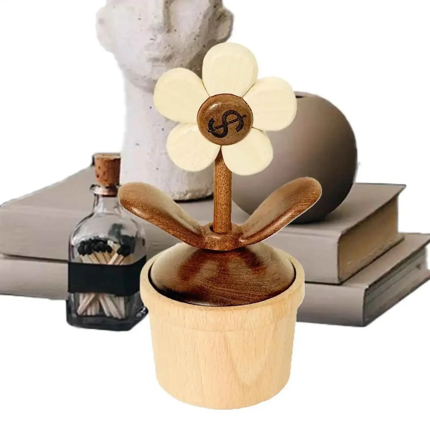 Rotating Wooden Sunflower Dashboard Ornament - Car Decor for Road Trips