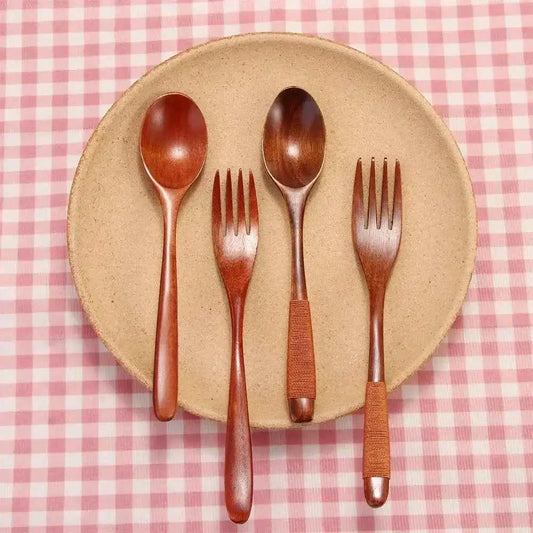 Wooden Spoon & Fork Set - Natural Kitchen Utensils for Dining