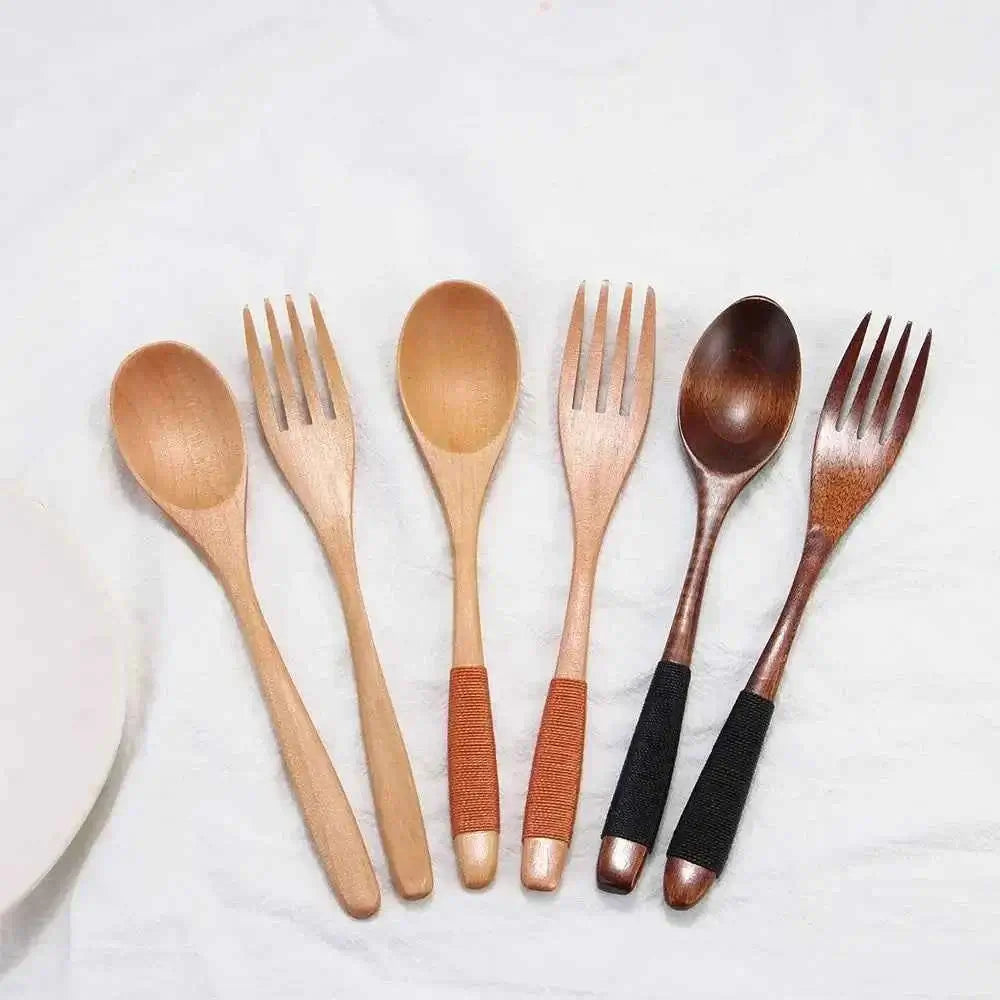 Wooden Spoon & Fork Set - Natural Kitchen Utensils for Dining